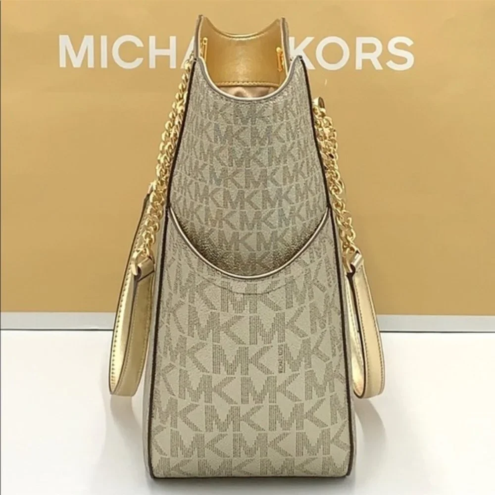 MICHAEL KORS LARGE X CHAIN SHOULDER TOTE BAG PALE GOLD COLOR